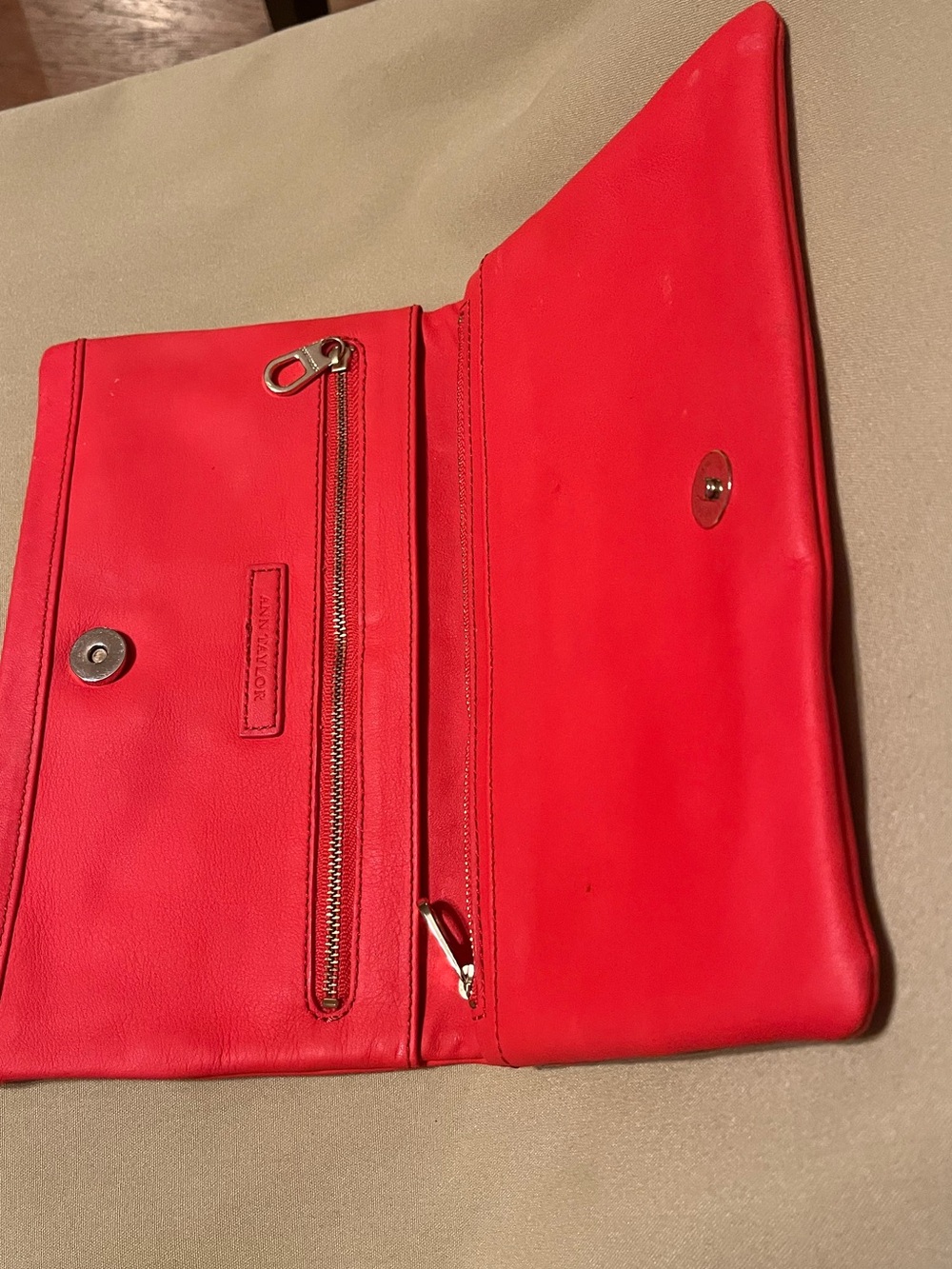Ann Taylor Hot Red Leather Fold-Over Clutch. Zippered & Snap Closures. Gold tone
